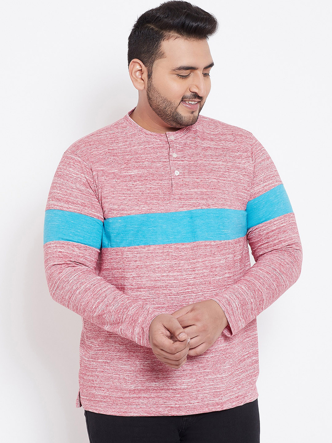 

bigbanana Plus Size Men Pink Colourblocked Henley Neck Bio Finish T-shirt