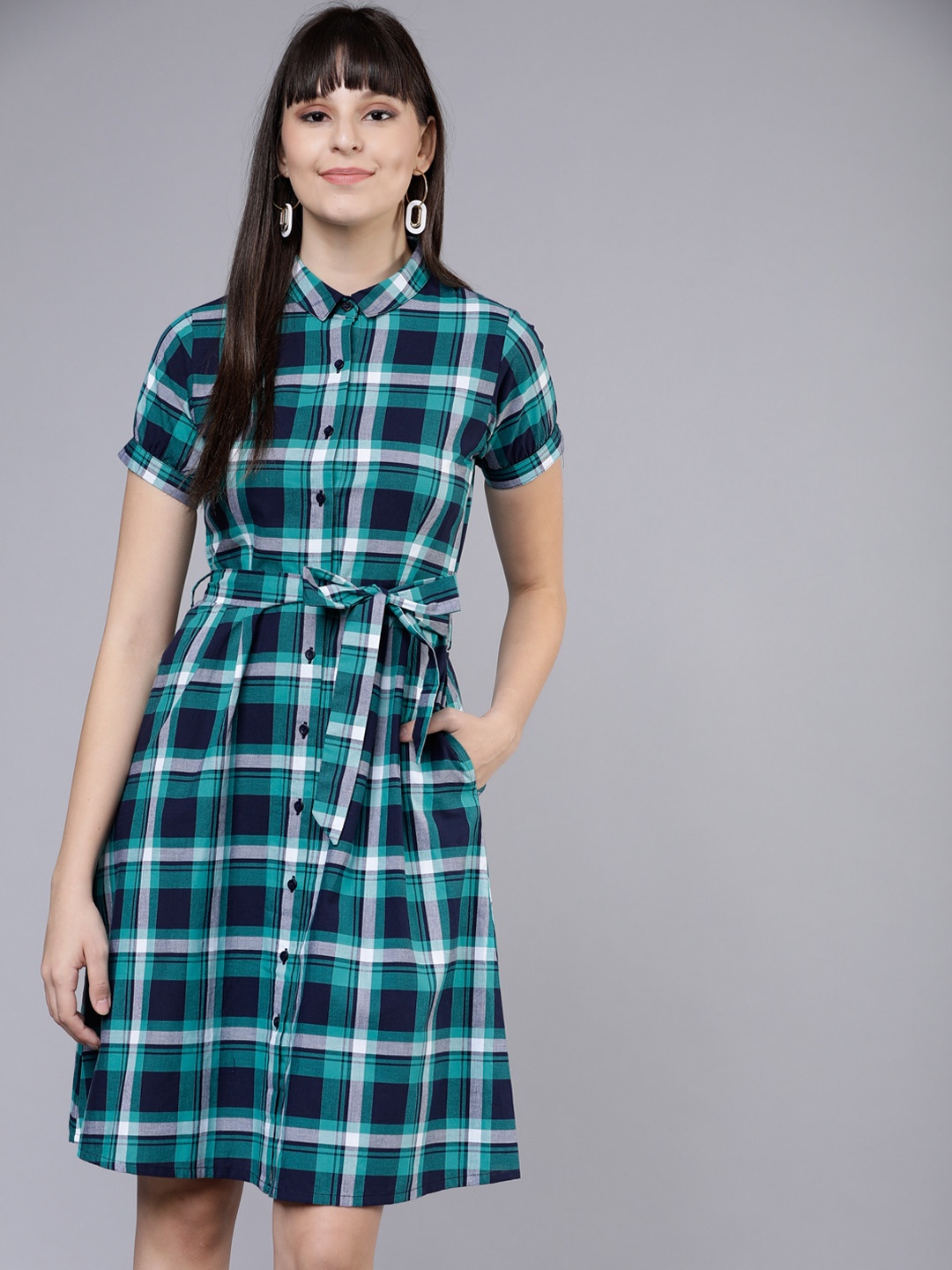 

Tokyo Talkies Women Navy Blue & Green Shirt Dress
