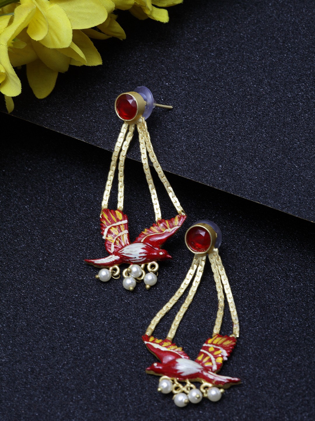

Moedbuille Gold-Plated & Maroon Handcrafted Meenakari Quirky Drop Earrings