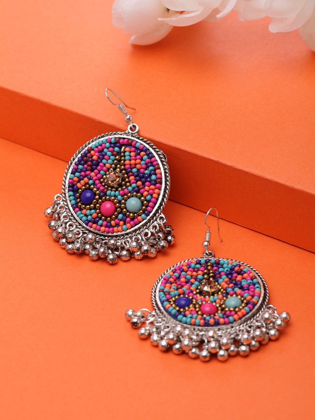 

Moedbuille Silver-Plated Multicoloured Handcrafted Afghan Oxidised Circular Drop Earrings, Multi
