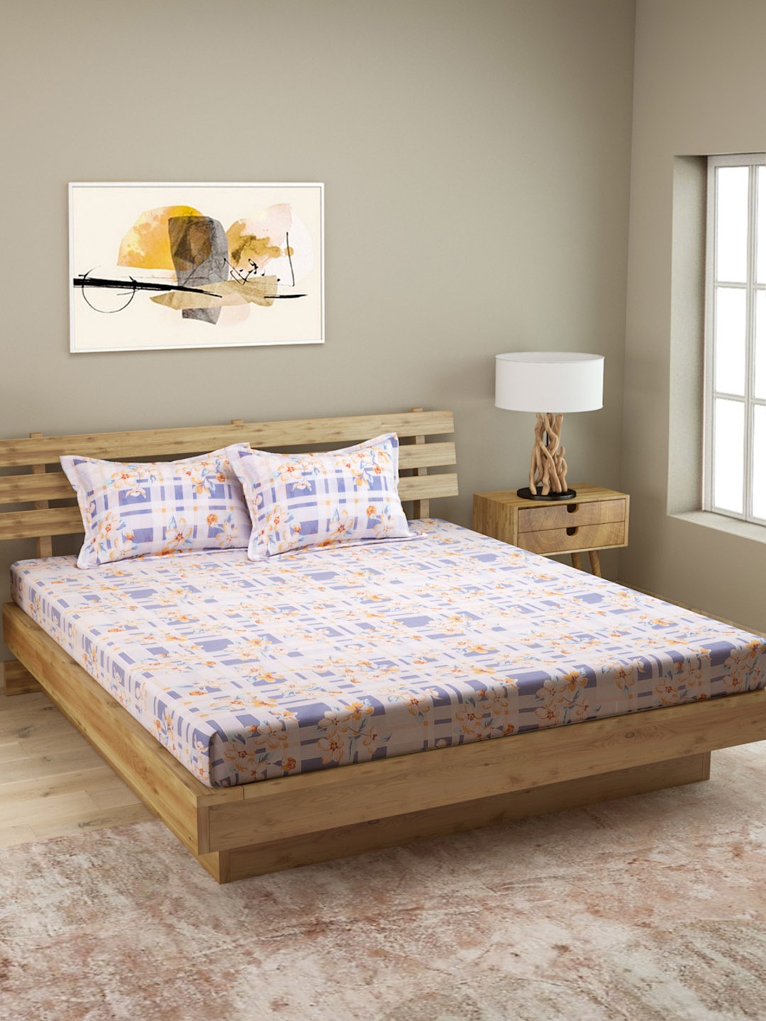 

ROMEE Blue Floral 144 TC Microfiber Queen Bedsheet with 2 Pillow Covers