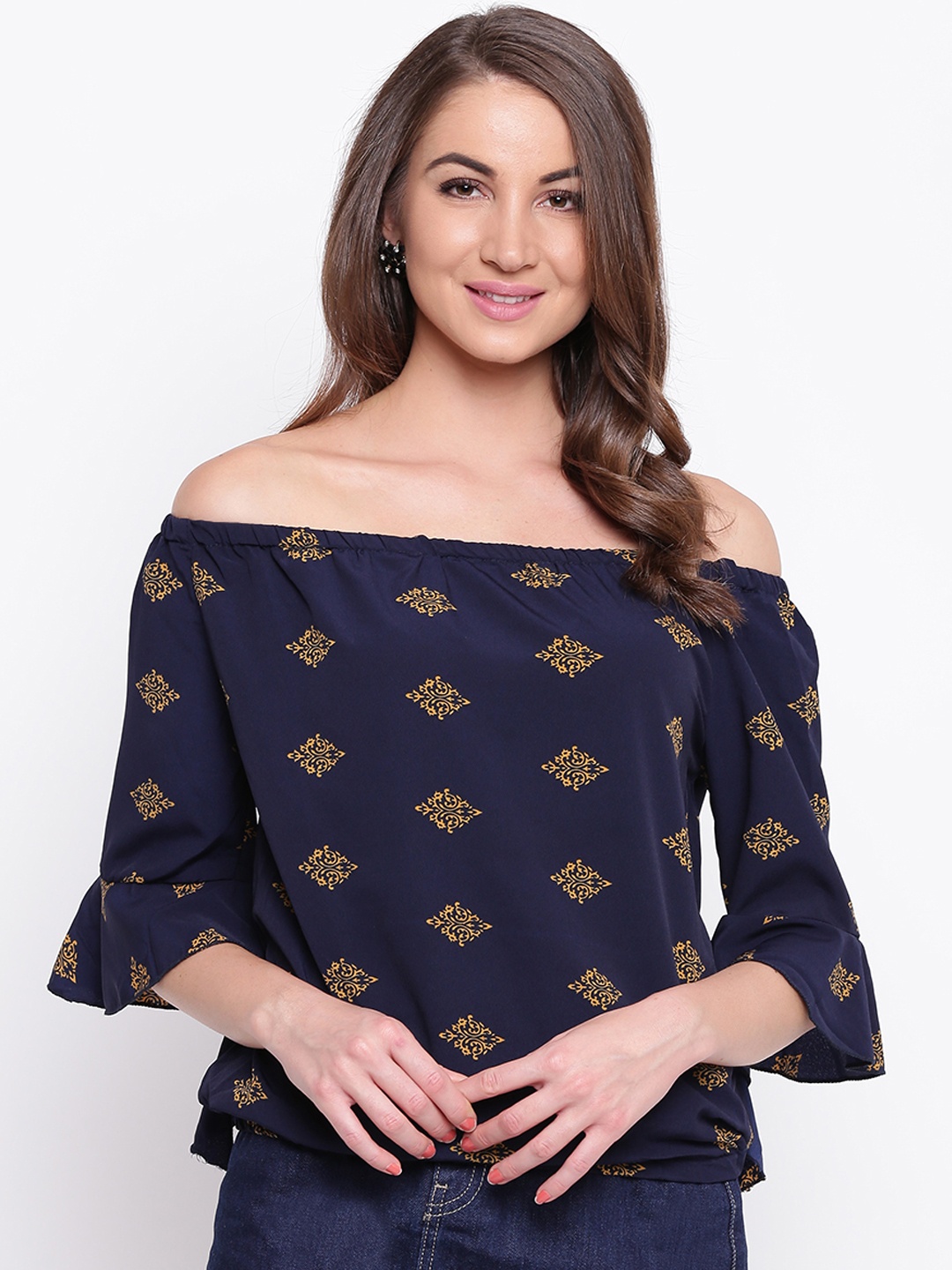 

Mayra Women Navy Blue Printed Bardot Top