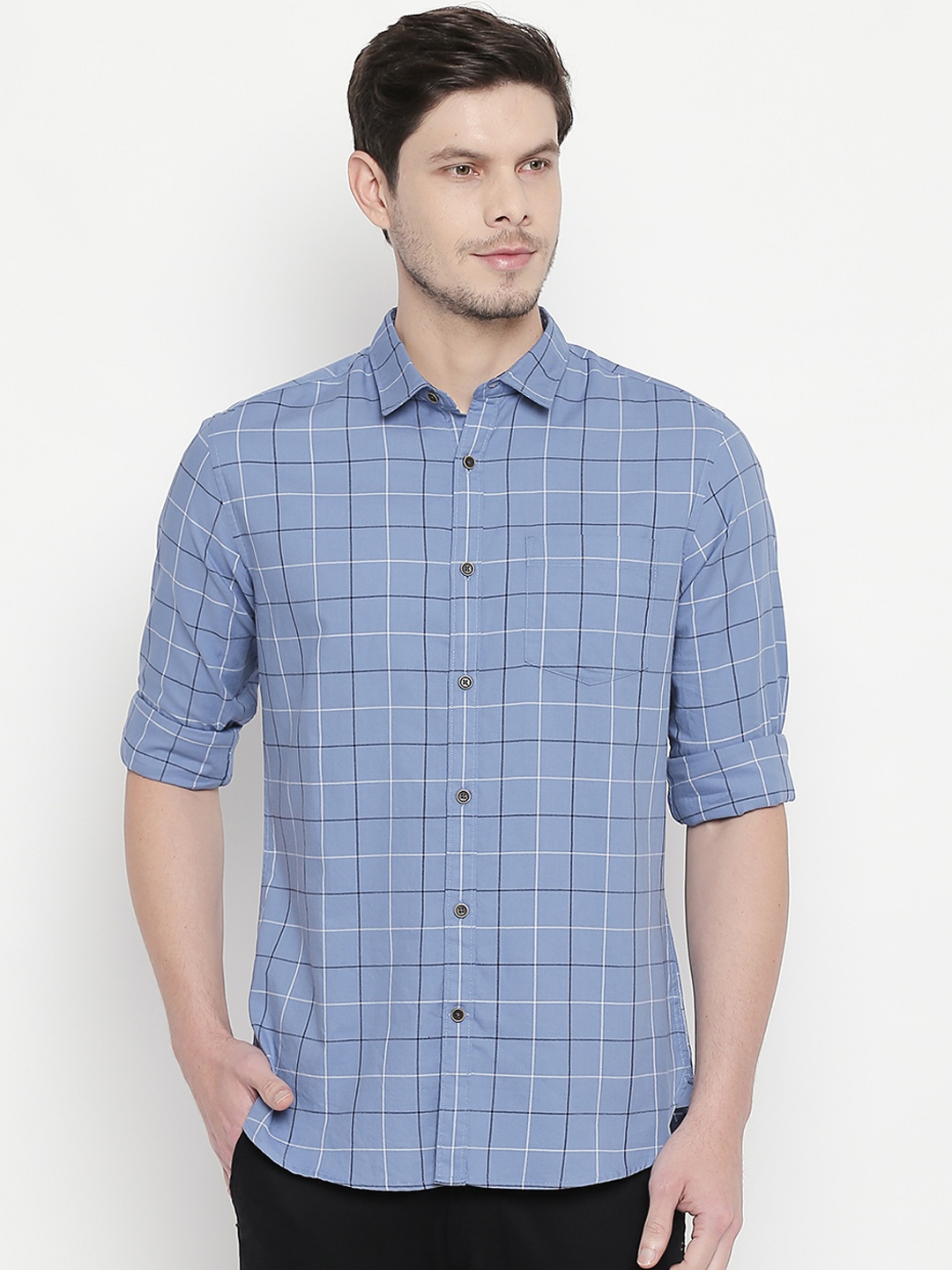 

BYFORD by Pantaloons Men Blue Slim Fit Checked Casual Shirt