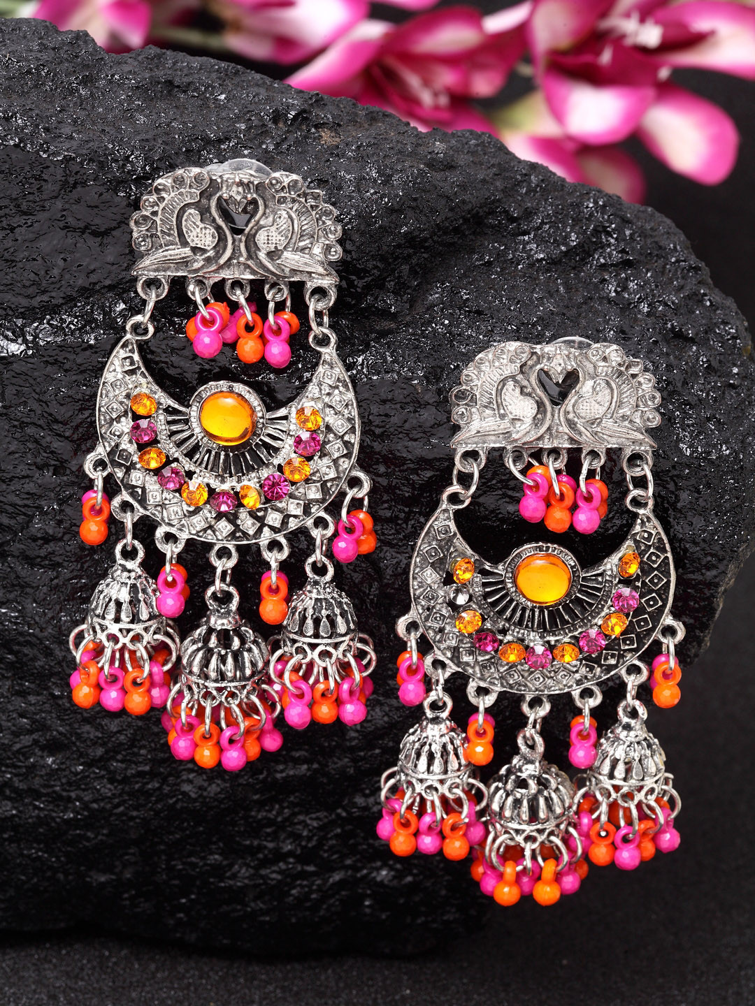 

Moedbuille Silver-Plated & Pink Peacock Shaped Handcrafted Chandbalis