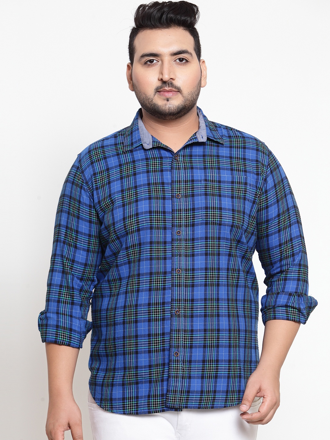plusS Men Blue Regular Fit Checked Casual Shirt