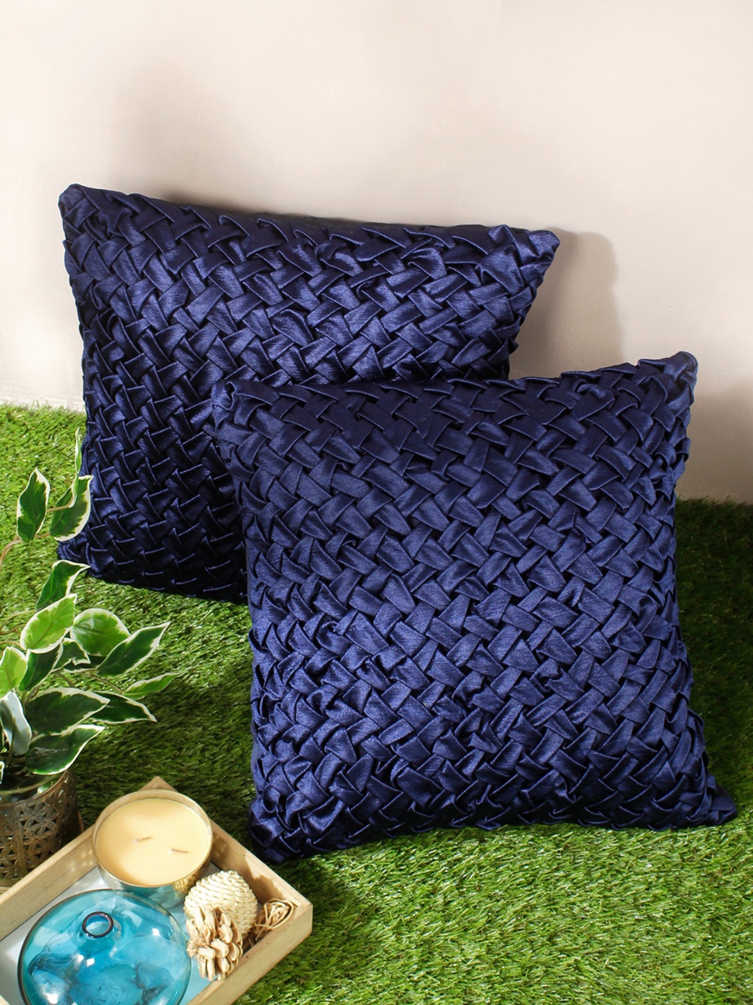

ROMEE Navy Blue Set of 2 16" x 16" Geometric Square Cushion Covers