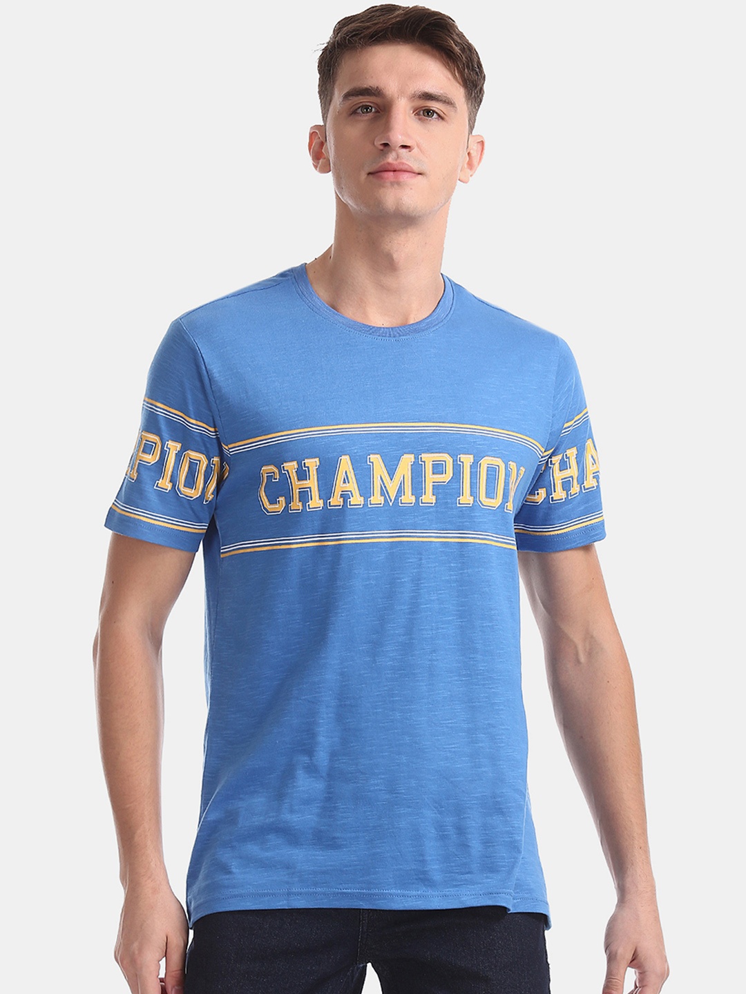 

Colt Men Blue Printed Round Neck Pure Cotton T-shirt