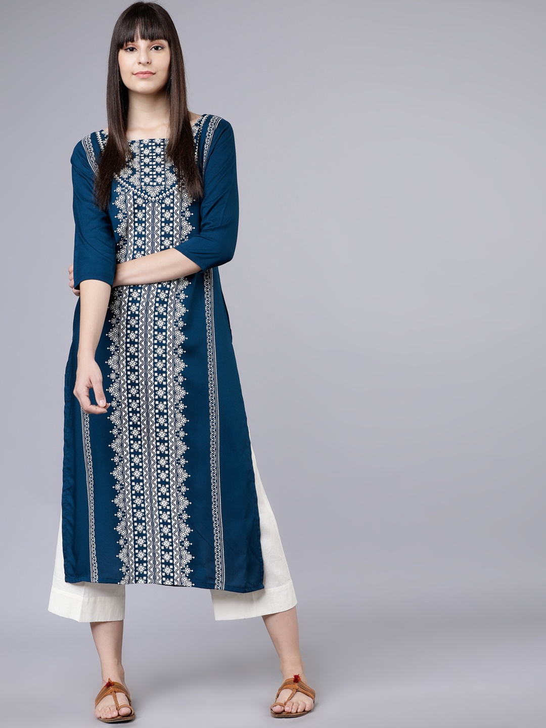 

Vishudh Women Teal Blue & White Printed Straight Kurta