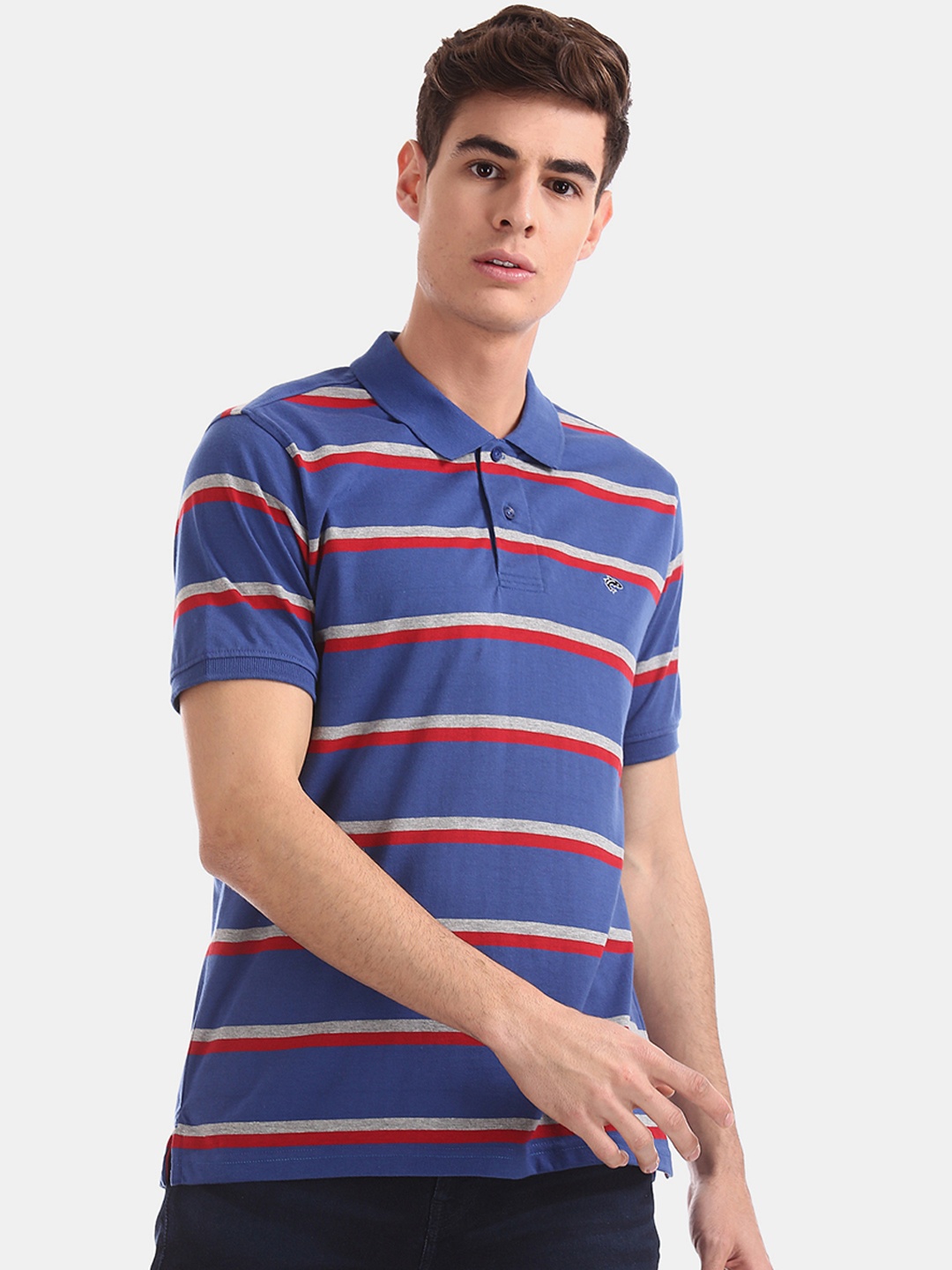 

Ruggers Men Blue & Red Striped Polo Collar T-shirt
