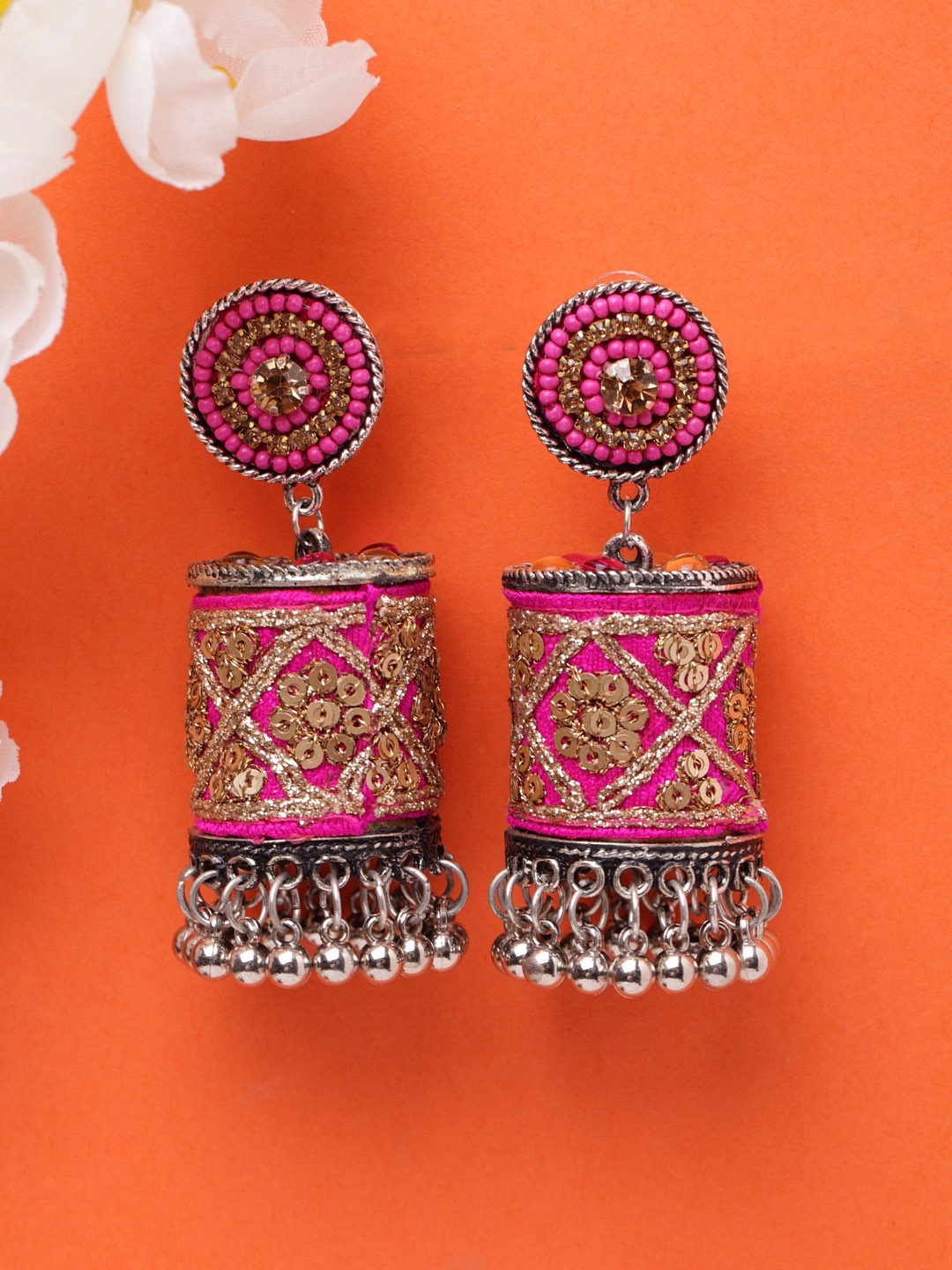 

Moedbuille Silver-Plated & Pink Zari Embroidery Drop Earrings