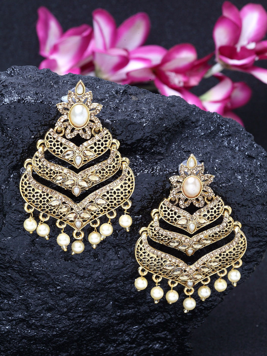 

Moedbuille Gold-Plated Crescent Shaped Handcrafted Drop Earrings