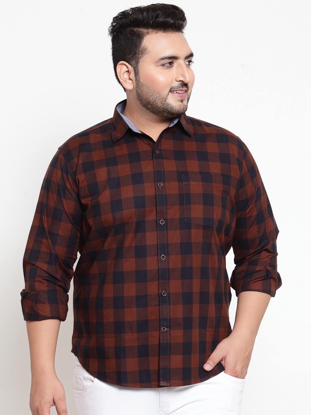 

plusS Men Orange & Black Regular Fit Checked Casual Shirt