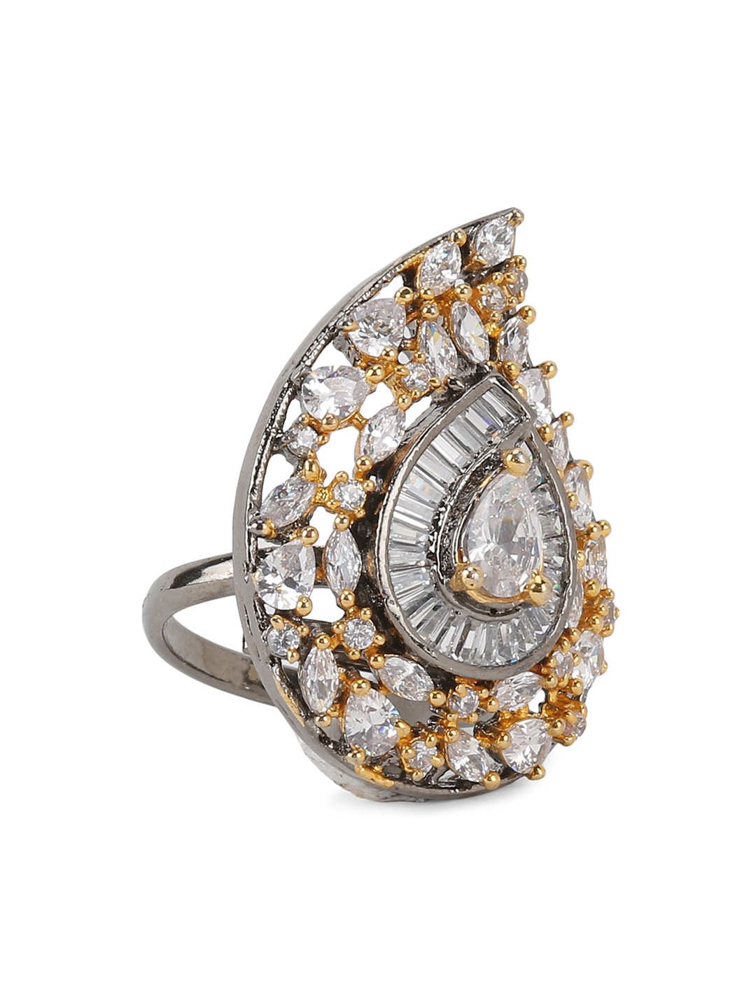

ANIKAS CREATION Women Rhodium-Plated Silver-Toned CZ-Studded Adjustable Finger Ring