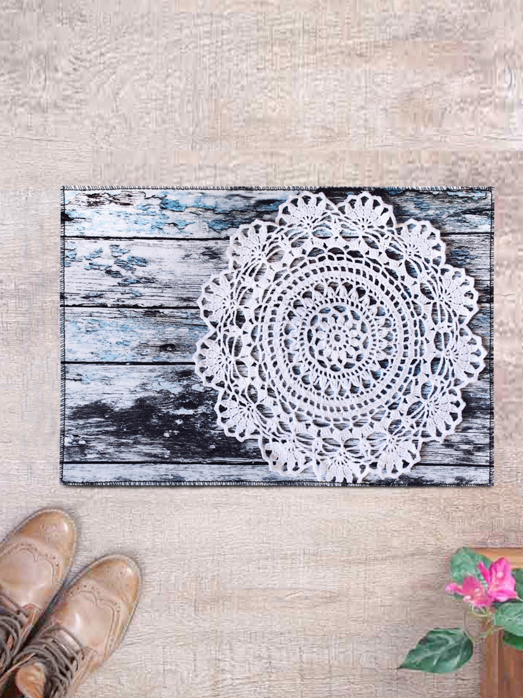 

ROMEE Turquoise Blue & White Printed Anti-Skid Doormat