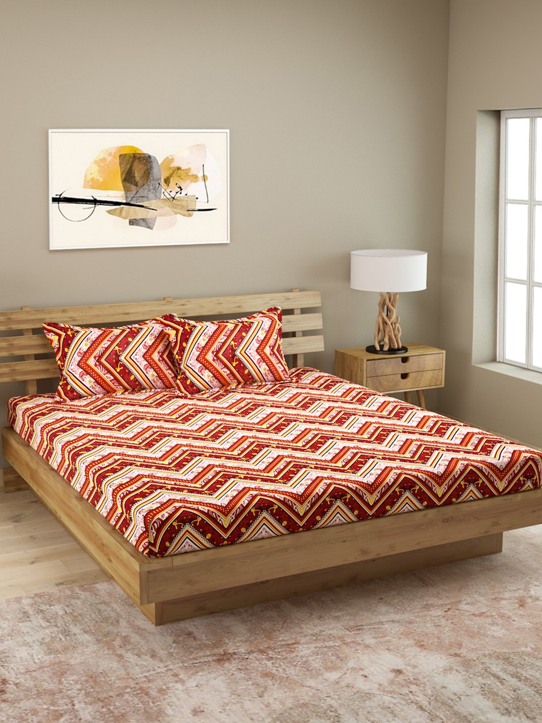 

ROMEE Maroon Geometric 144 TC Cotton 1 Queen Bedsheet with 2 Pillow Covers