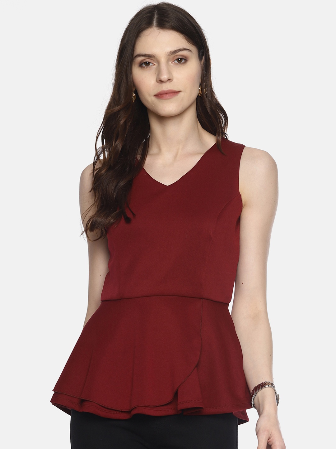 

AARA Women Maroon Solid Knitted Peplum Top