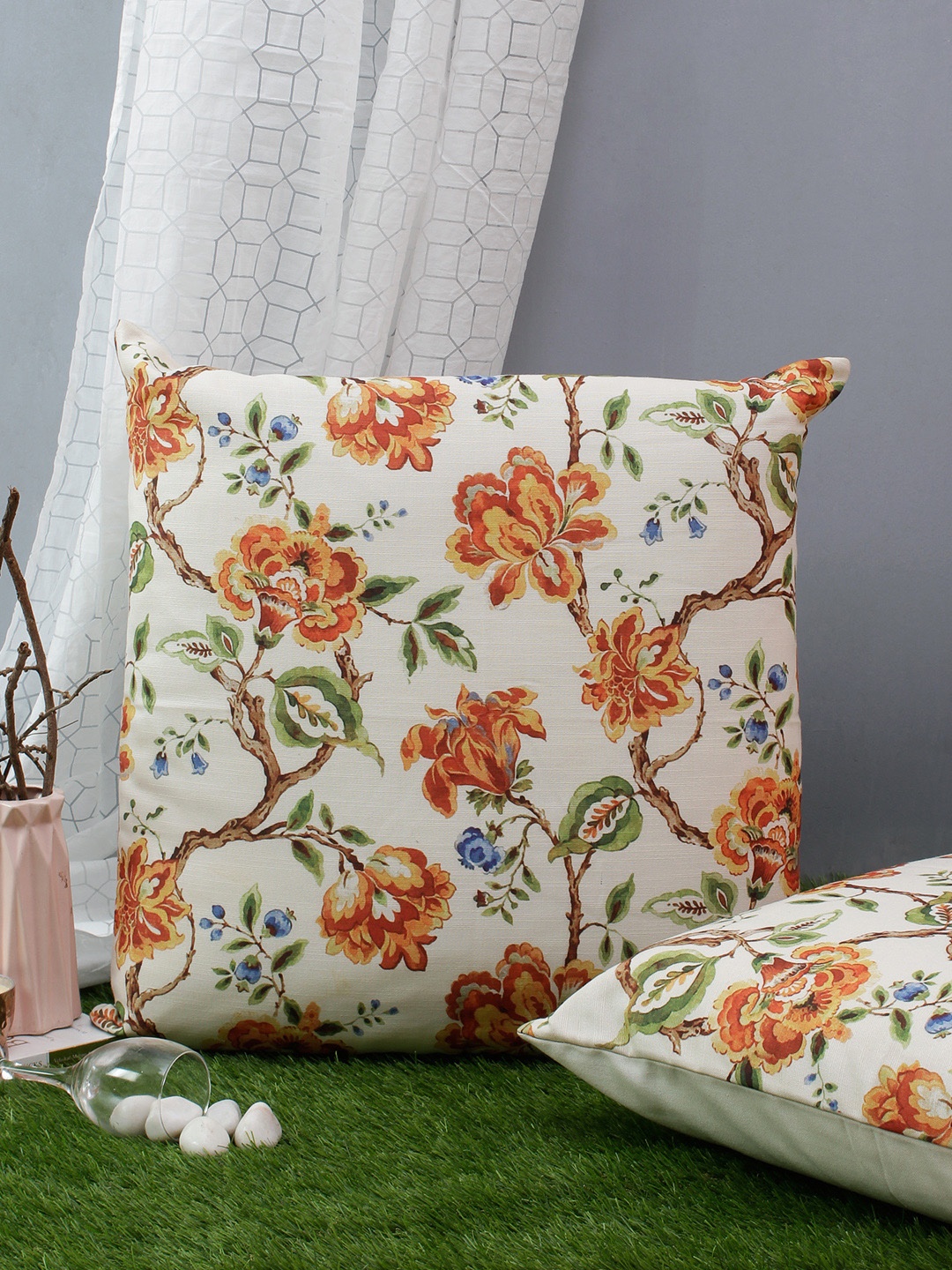 Soumya Set of 2 Rust Orange & White Floral Square Cushion Covers