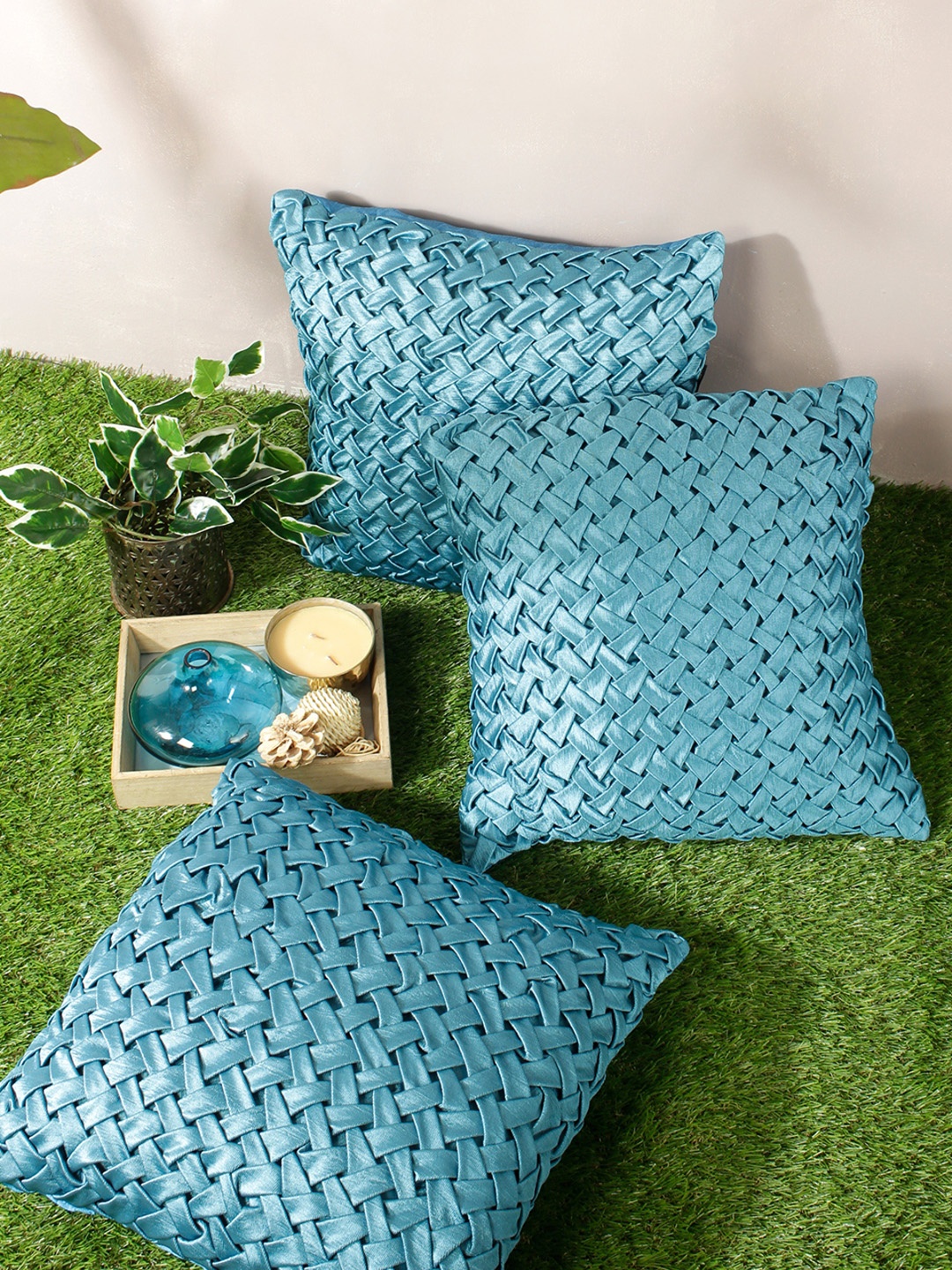 

ROMEE Turquoise Blue Set of 3 16" x 16" Geometric Square Cushion Covers