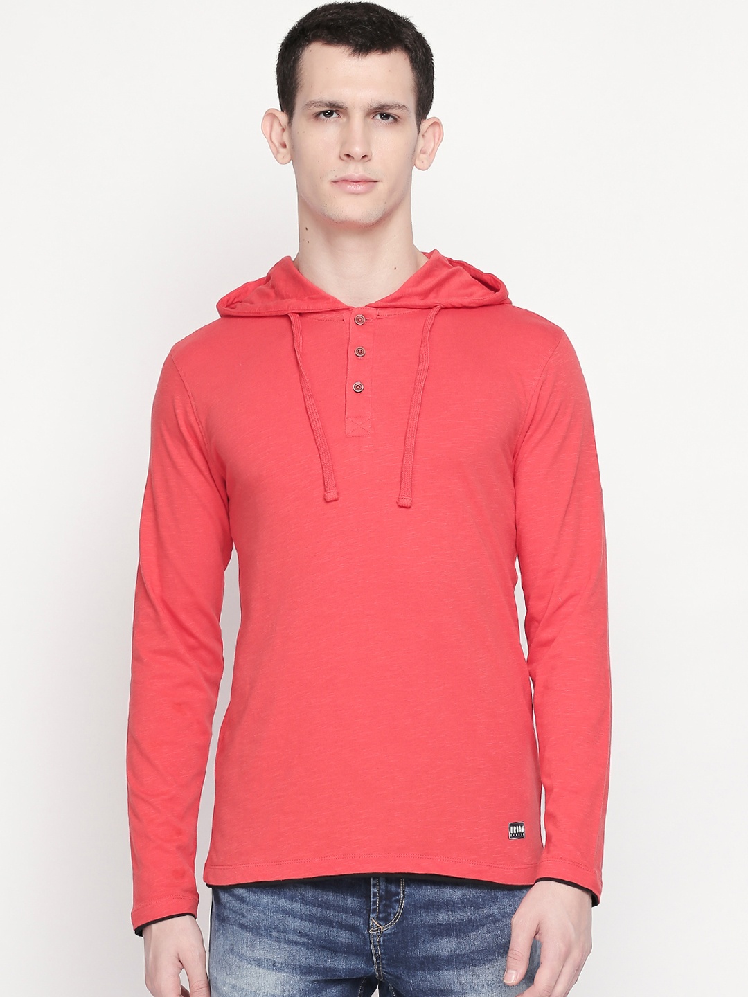 

Urban Ranger by pantaloons Men Red Solid Hooded Pure Cotton T-shirt