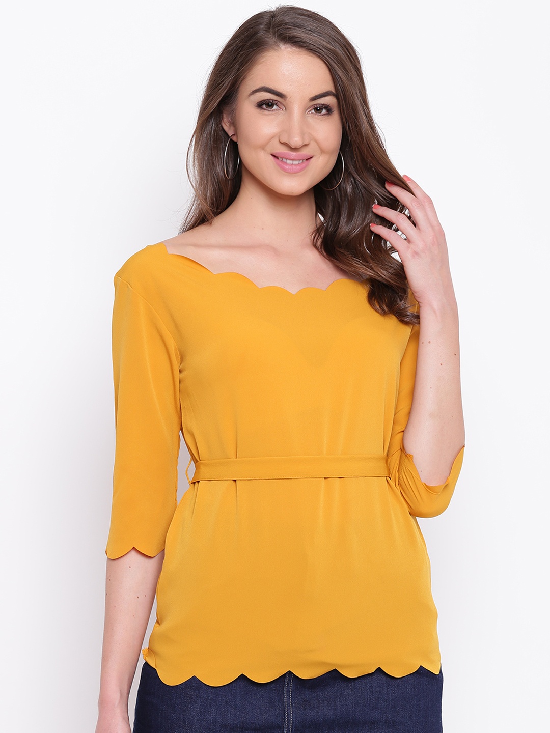 

Mayra Women Yellow Solid Cinched Waist Top