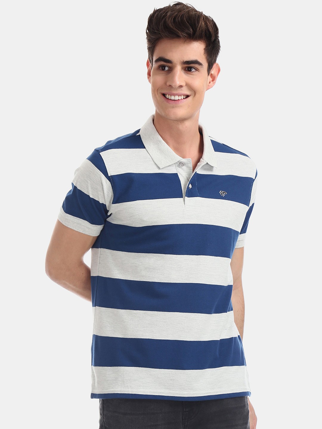 

Ruggers Men Grey & Blue Striped Polo Collar T-shirt