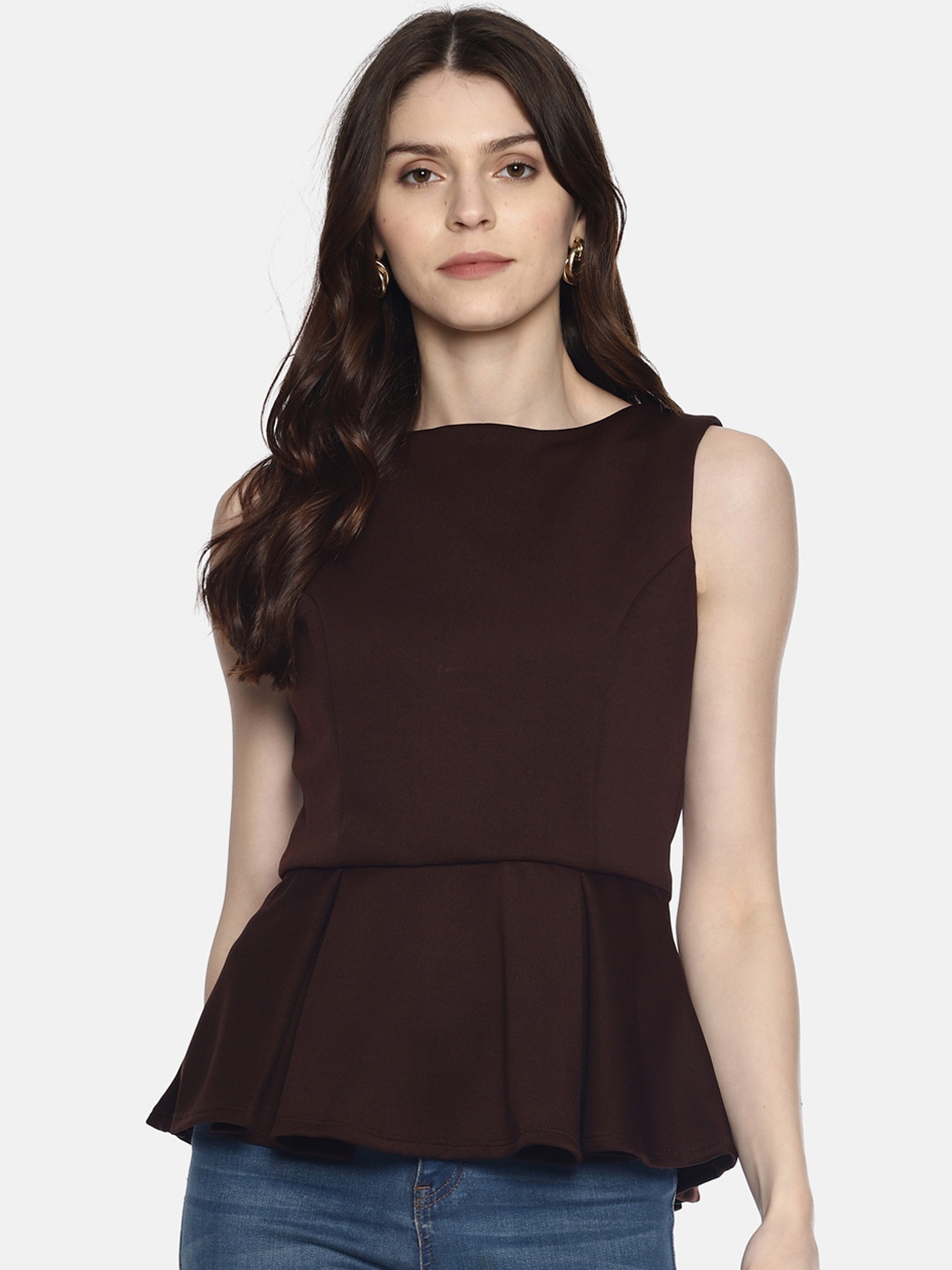 AARA Women Coffee Brown Solid Peplum Top