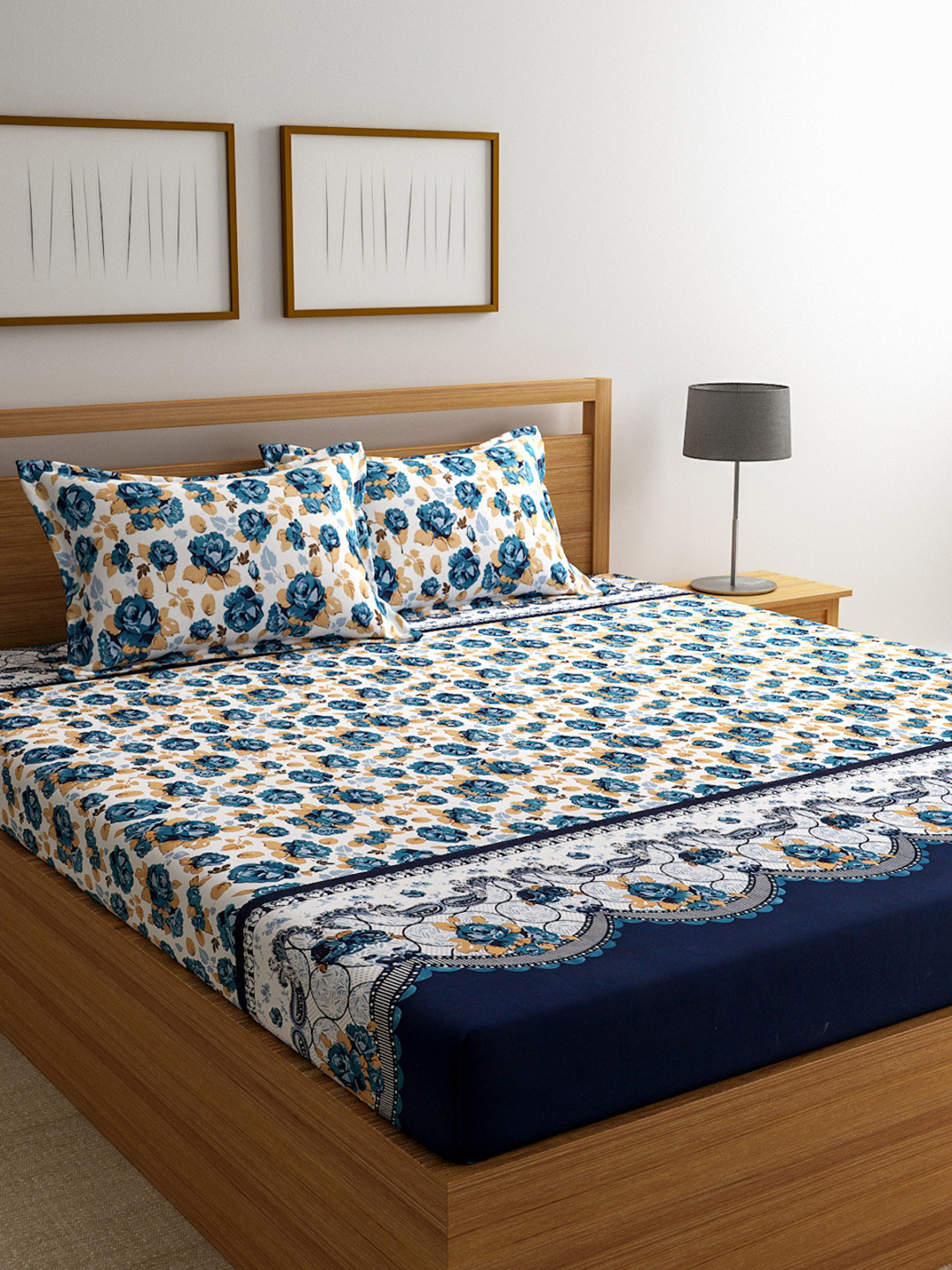 

ROMEE White & Blue Floral 144 TC Microfiber 1 Queen Bedsheet with 2 Pillow Covers
