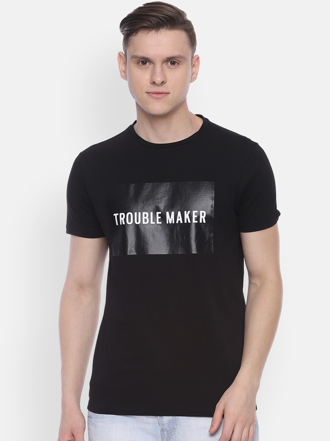 

People Men Black Printed Round Neck Pure Cotton T-shirt
