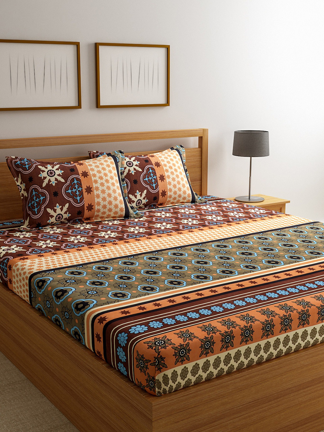 

ROMEE Multicoloured Ethnic Motifs 144 TC Cotton 1 Queen Bedsheet with 2 Pillow Covers, Multi