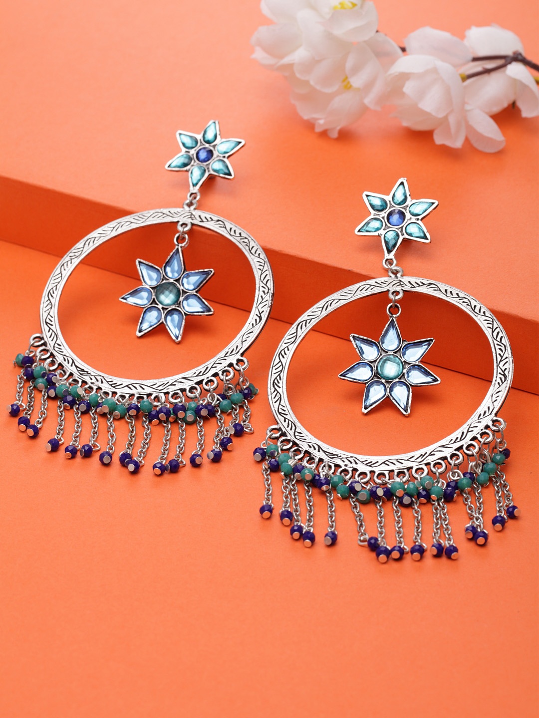 

Moedbuille Women Silver-Plated Turquoise Blue Handcrafted Circular Drop Earrings