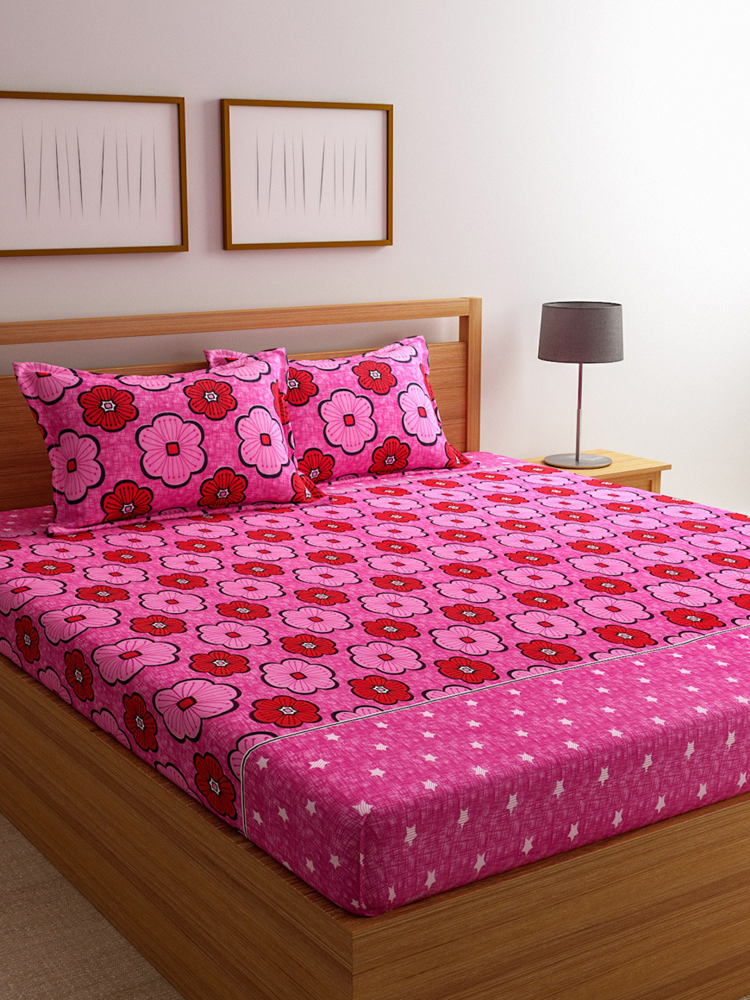 

ROMEE Pink Floral 144 TC Cotton 1 Queen Bedsheet with 2 Pillow Covers