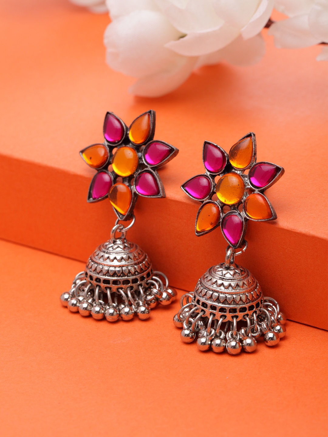 

Moedbuille Silver-Plated & Pink Enamel Afghan Star Shaped Jhumkas