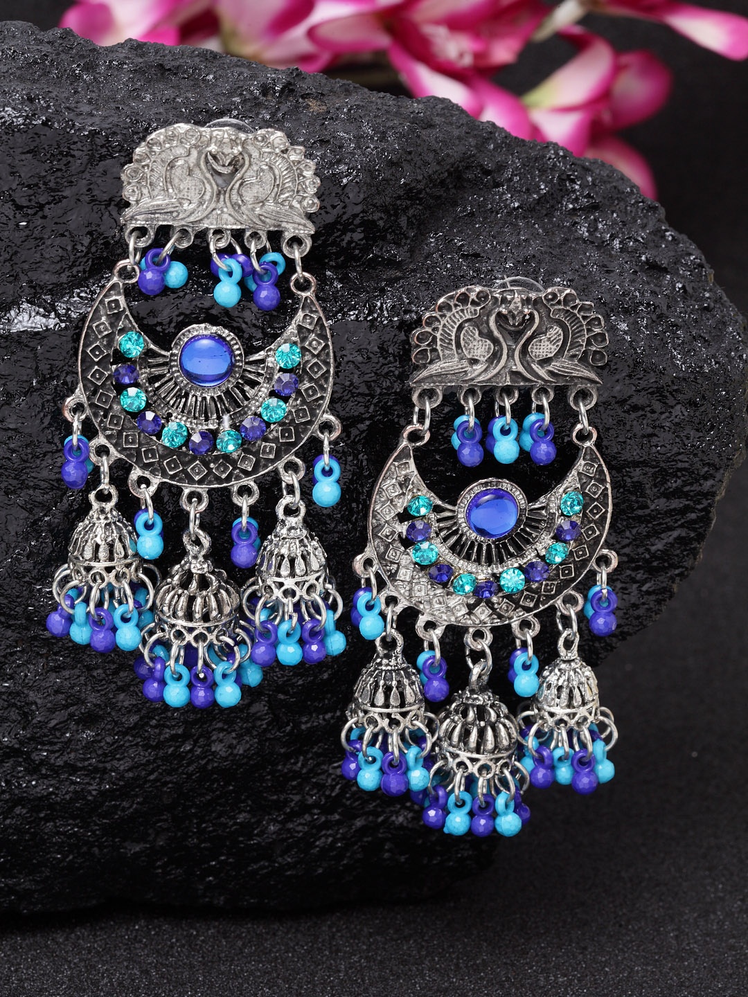 

Moedbuille Silver-Plated Blue & Turquoise Blue Afghan Peacock Shaped Drop Earrings