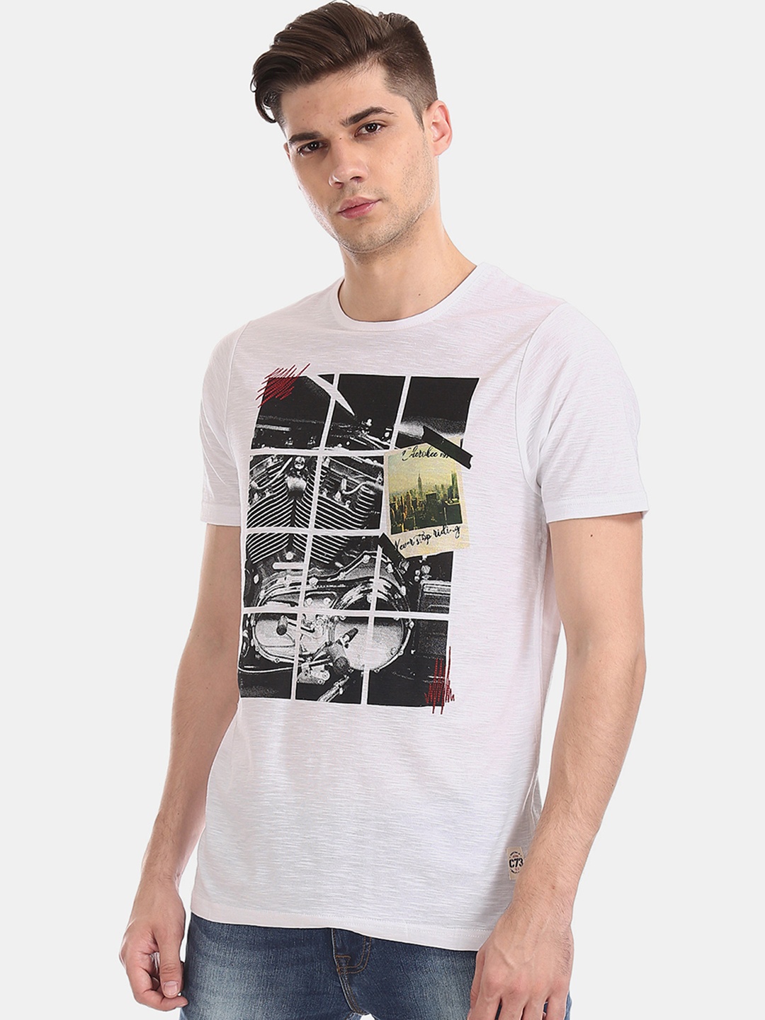 

Cherokee Men White Printed Round Neck Pure Cotton T-shirt