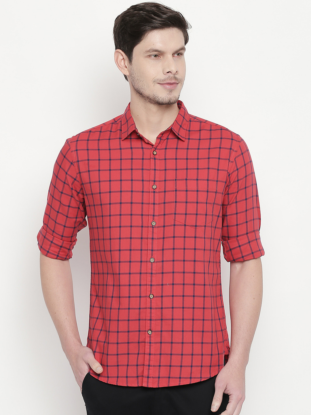

BYFORD by Pantaloons Men Red Slim Fit Checked Casual Shirt