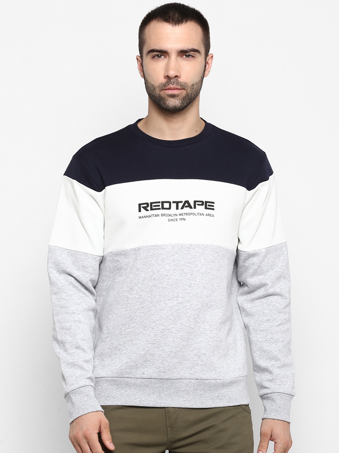 Red Tape Men Grey & Navy Blue Colourblocked Sweatshirt