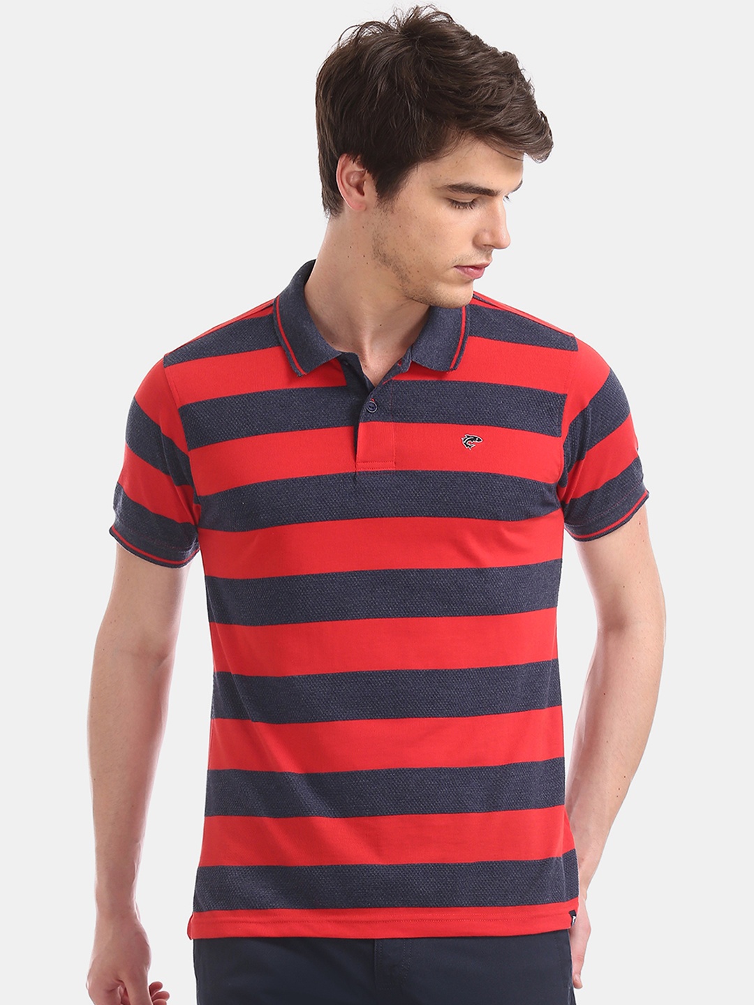 

Ruggers Men Blue& Red Striped Polo Collar T-shirt