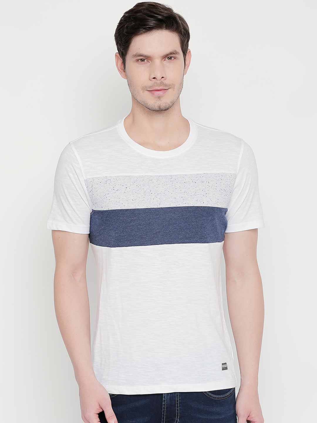 

Urban Ranger by pantaloons Men White Colourblocked Round Neck Pure Cotton T-shirt