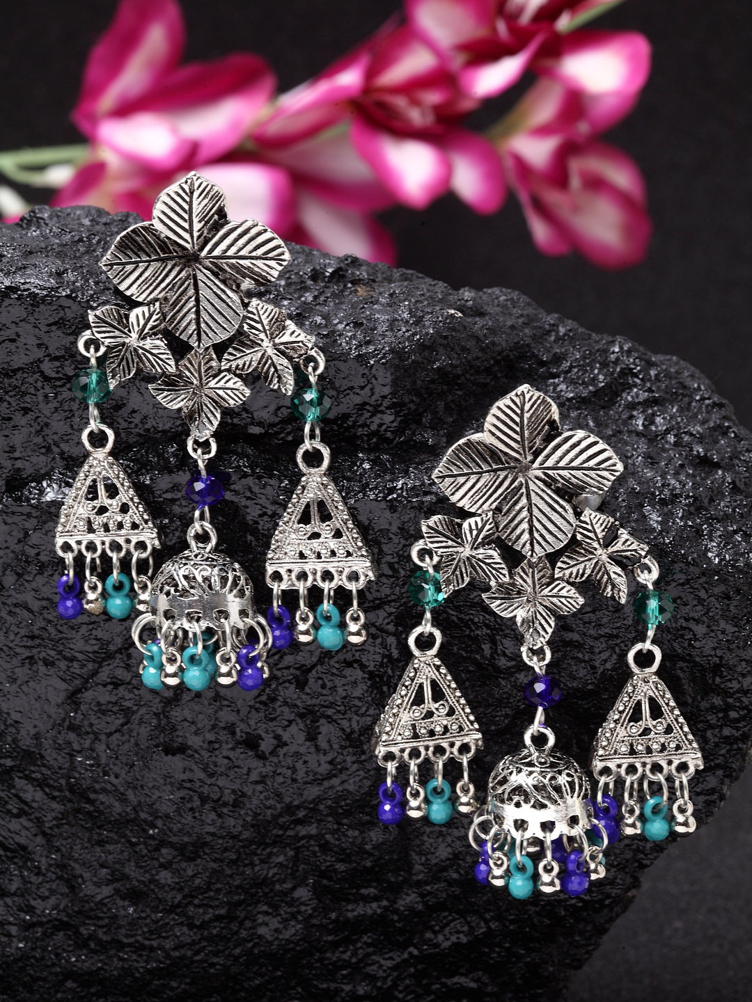 

Moedbuille Oxidised Silver Plated Turquoise Blue Handcrafted Floral Drop Earrings