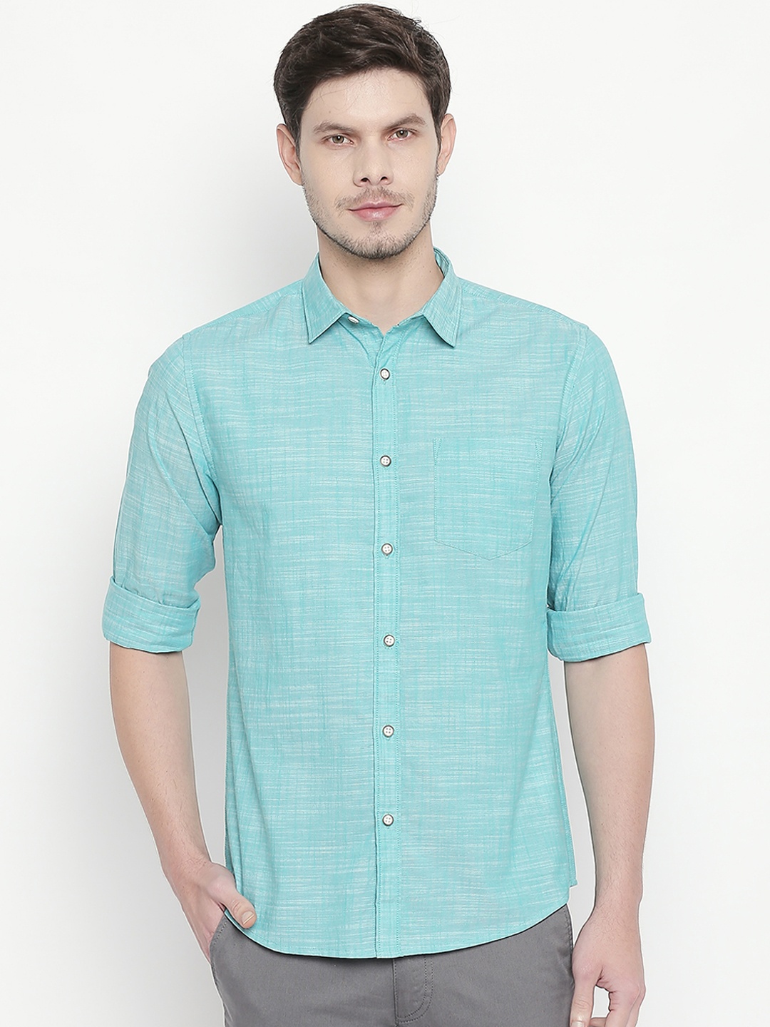 

BYFORD by Pantaloons Men Sea Green Slim Fit Self Design Casual Shirt