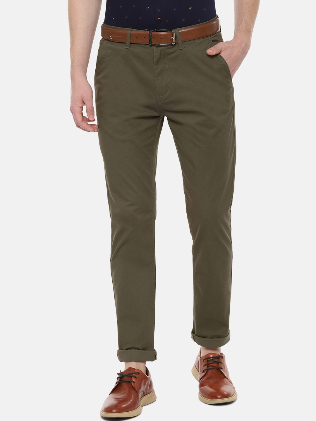 

People Men Olive Green Regular Fit Solid Regular Trousers