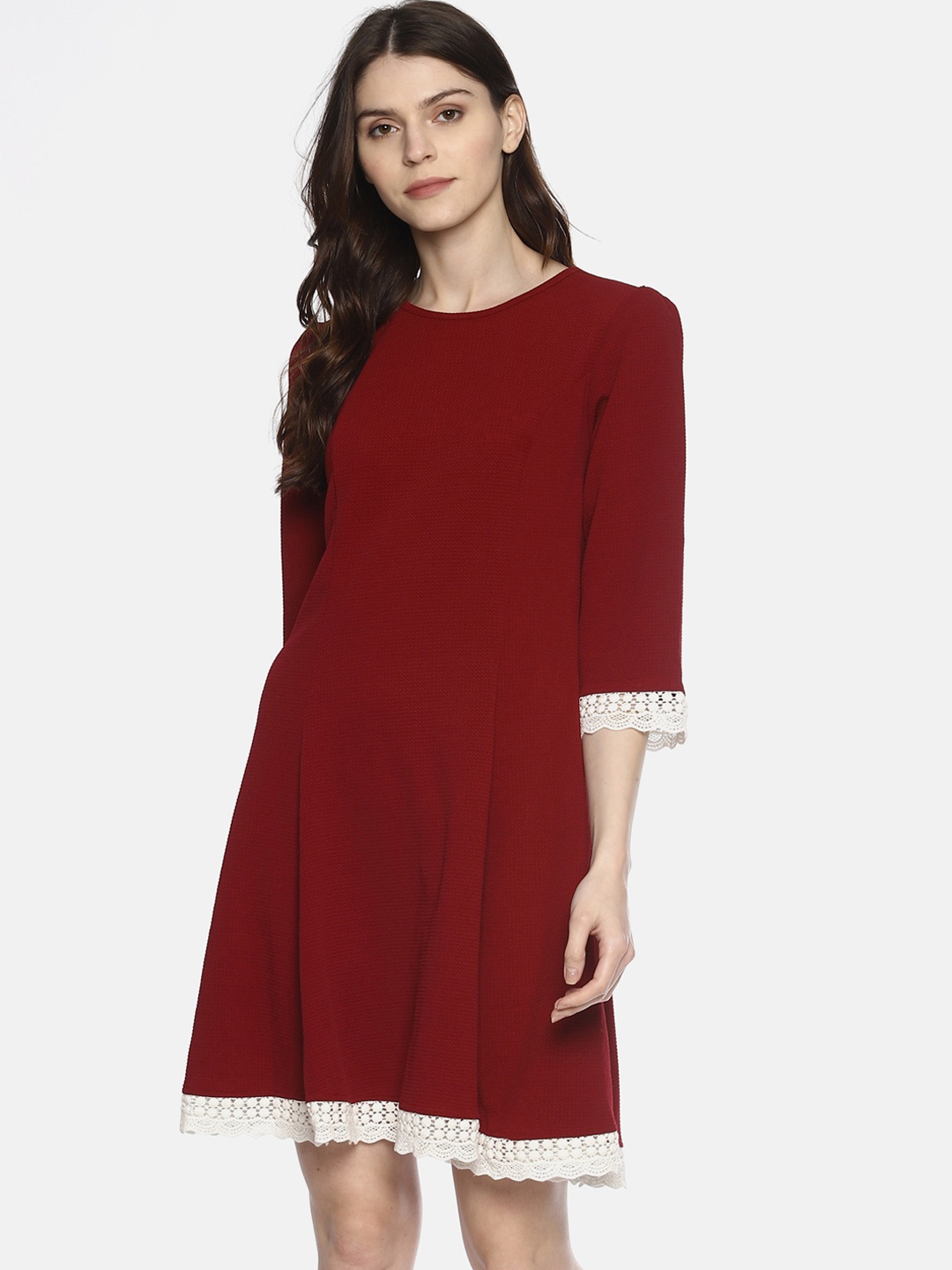 AARA Women Maroon Self Design A-Line Dress