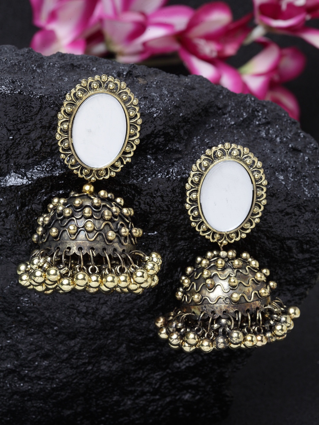 

Moedbuille Gold-Plated Handcrafted Mirror Studded Oxidised Dome Shaped Jhumkas