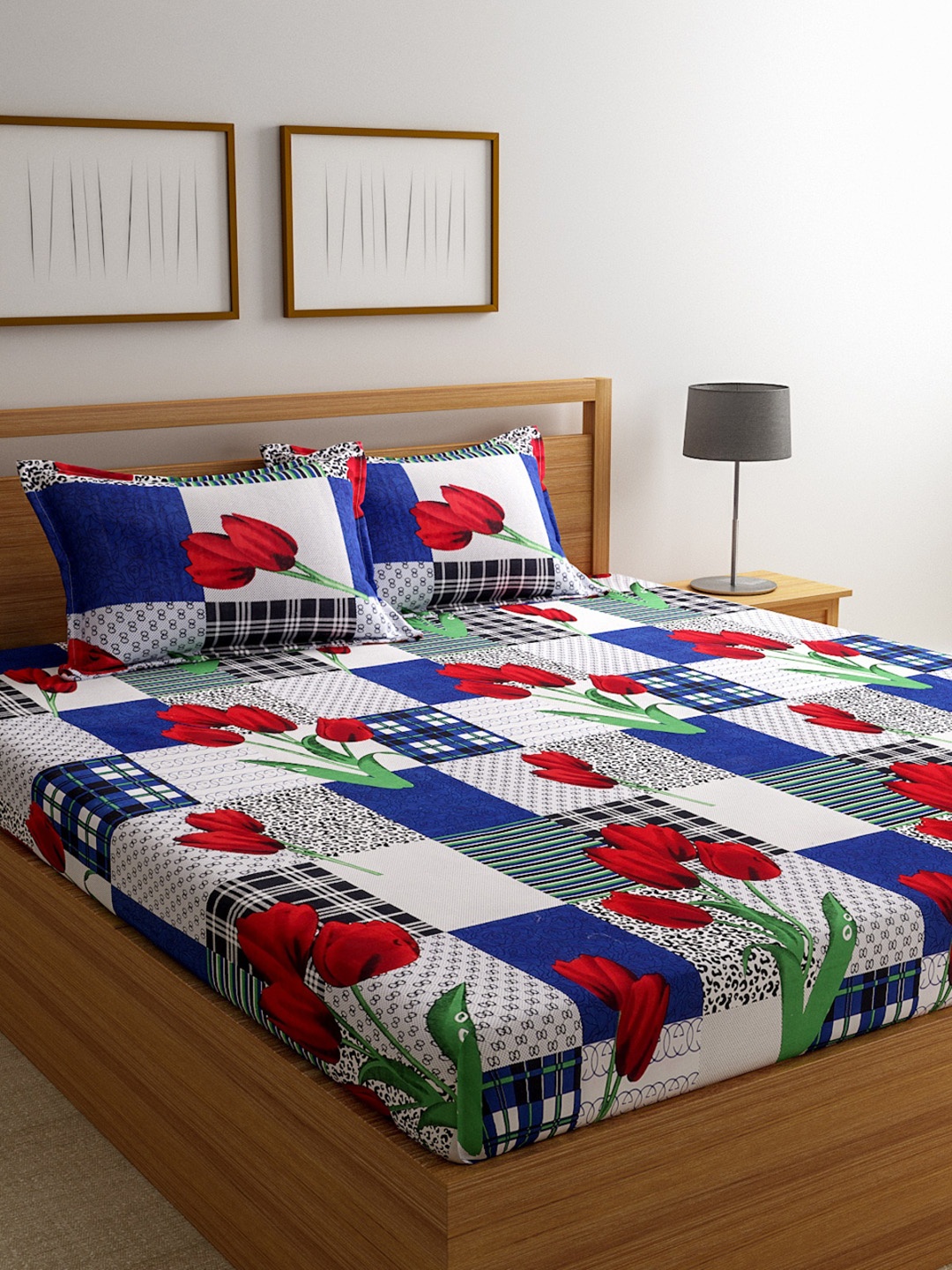 

ROMEE White & Blue Floral 144 TC Cotton 1 Queen Bedsheet with 2 Pillow Covers