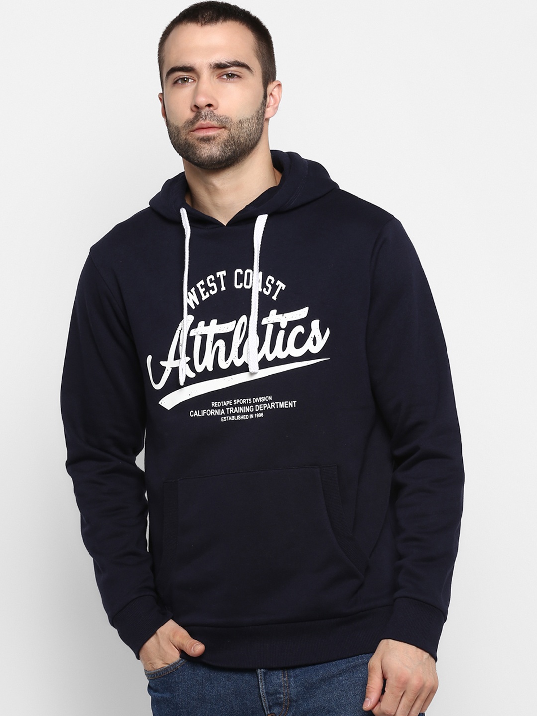 Red Tape Men Navy Blue Printed Hooded Sweatshirt