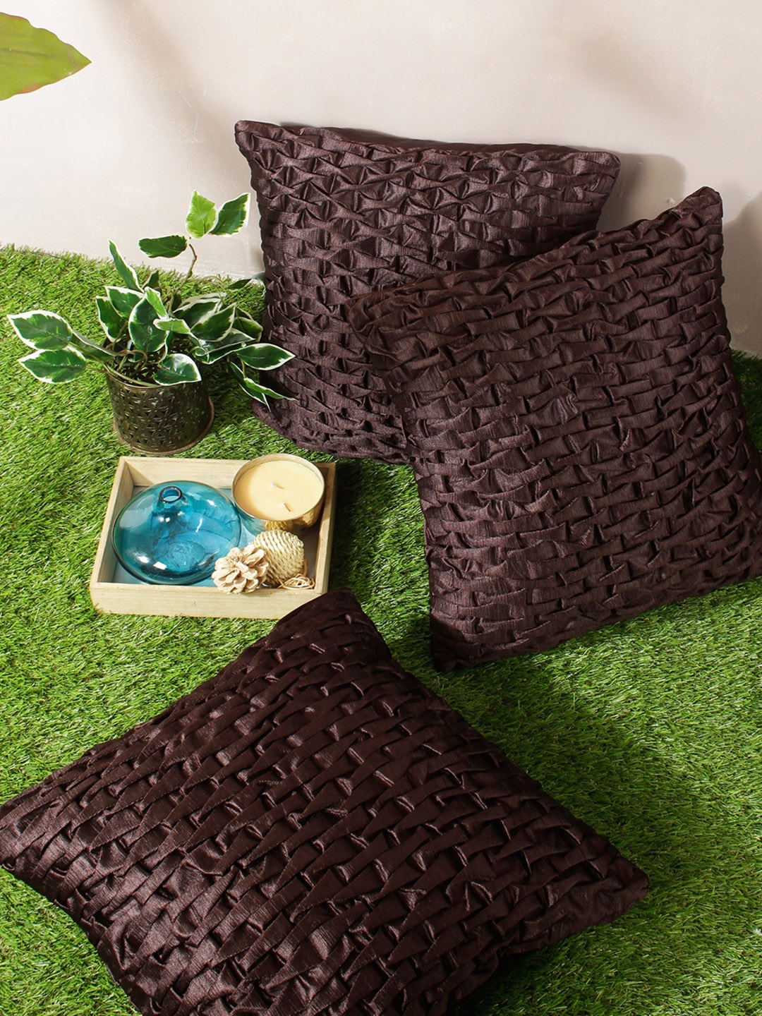 

ROMEE Set of 3 Coffee Brown Self Design Square Cushion Covers