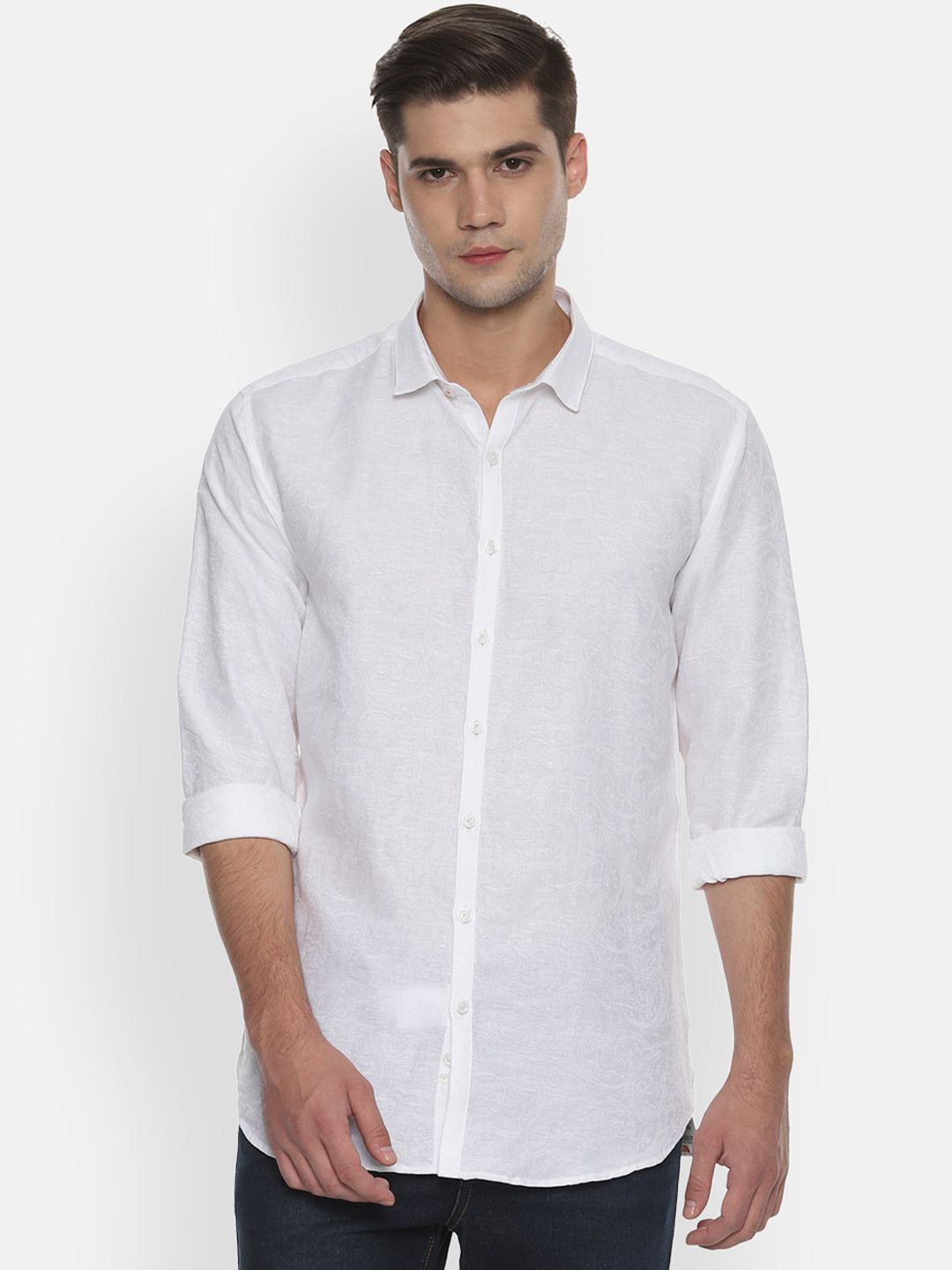 

V Dot Men White Slim Fit Self Design Casual Shirt