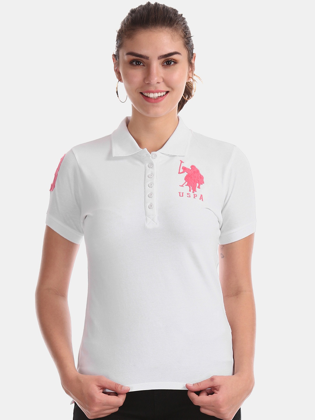 

U.S. Polo Assn. Women Women White Solid Polo Collar T-shirt