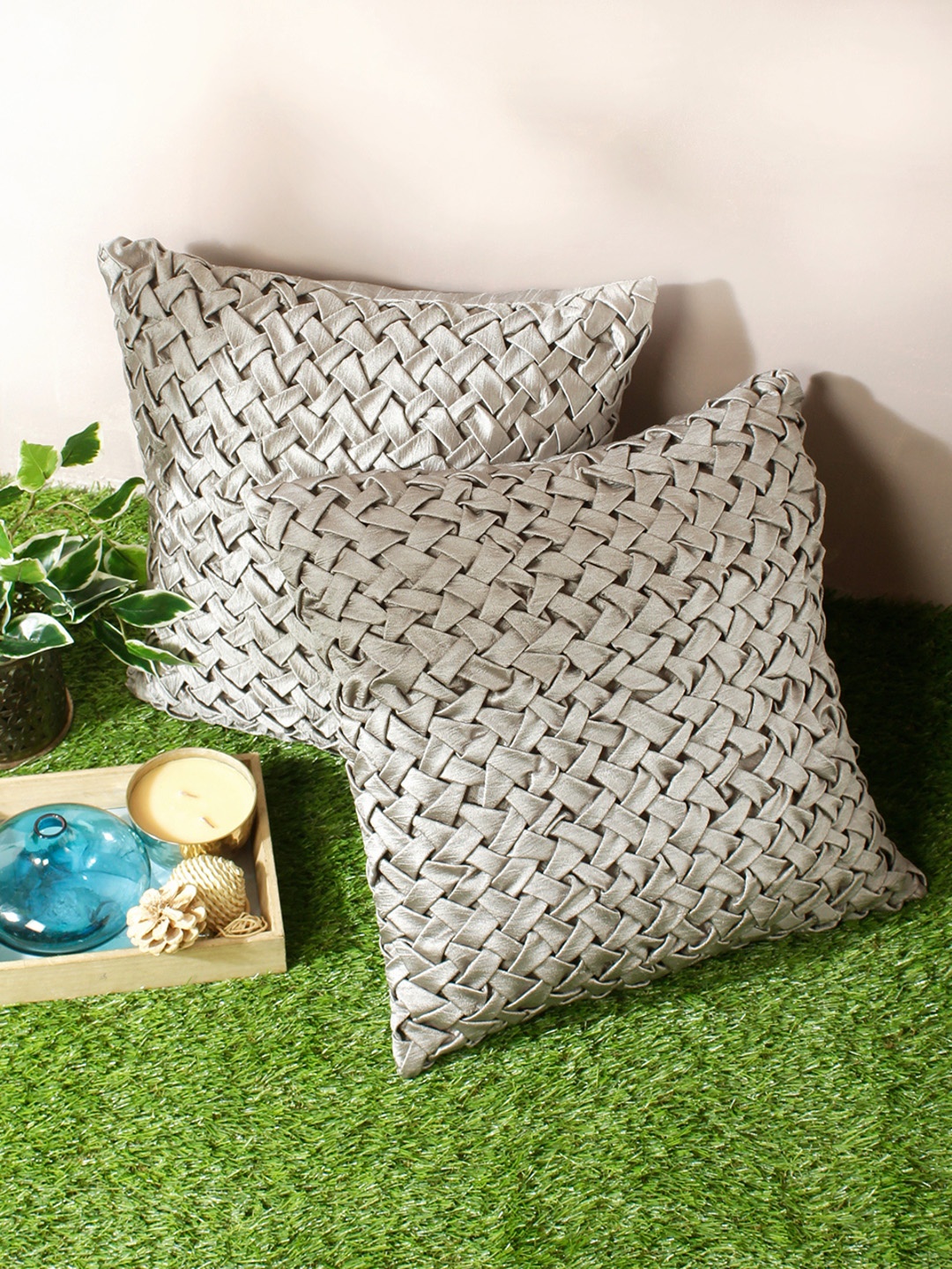 

ROMEE Silver-Toned Set of 2 16" x 16" Geometric Square Cushion Covers