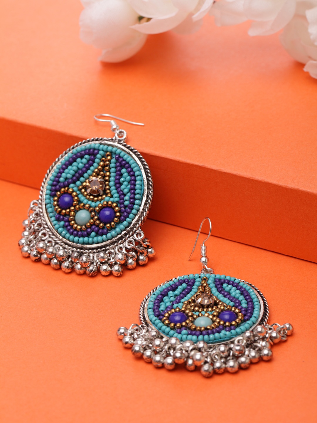 

Moedbuille Silver-Plated Turquoise Blue Handcrafted Crescent Shaped Drop Earrings